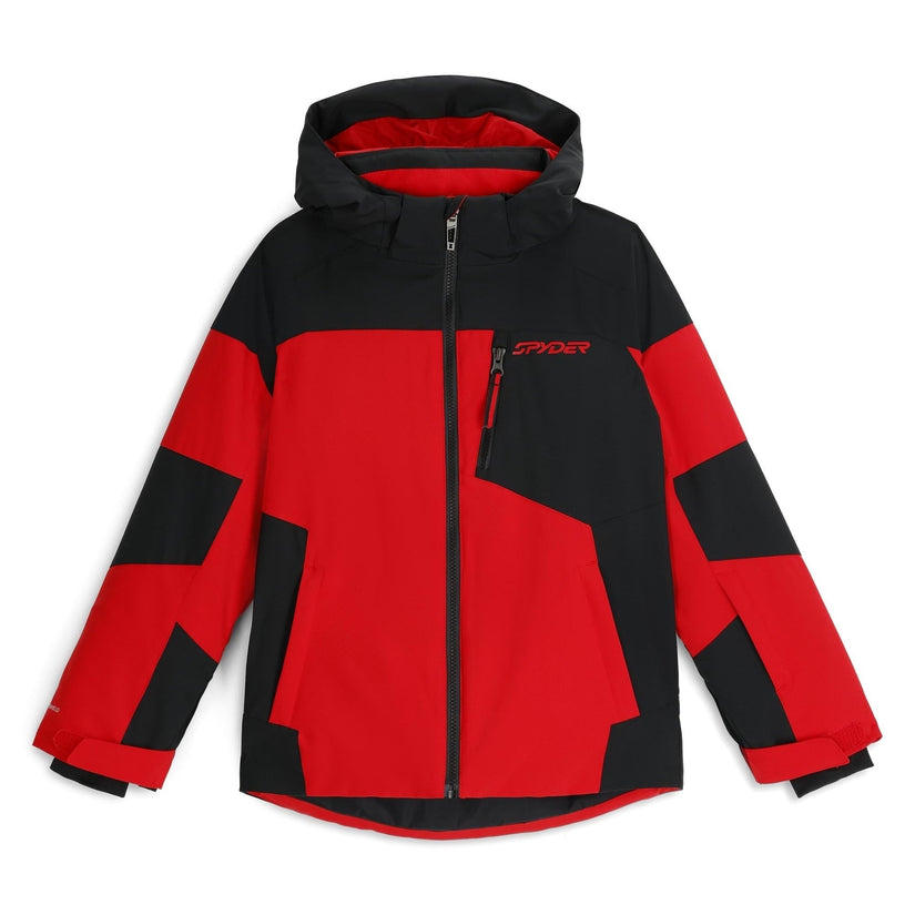 Red and black jacket with a brand logo on a white background