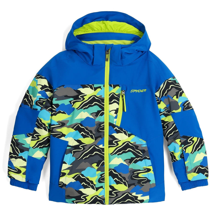 Blue jacket with colorful camouflage pattern on a white background