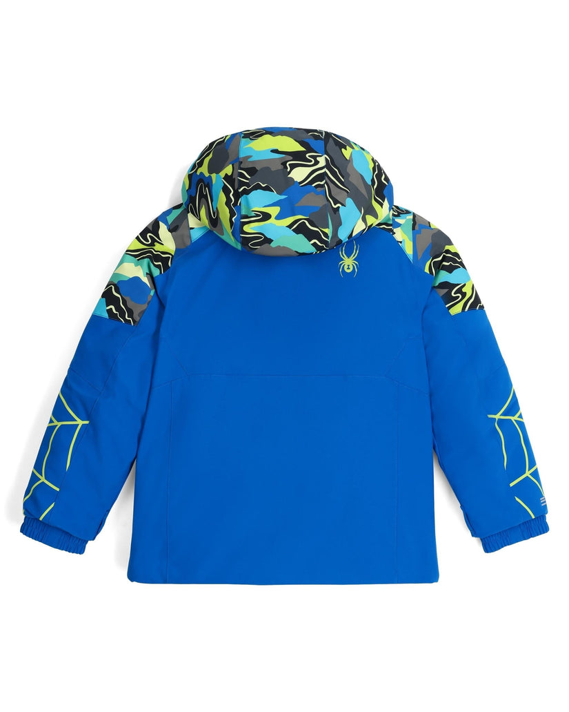 Blue jacket with colorful hood on a white background