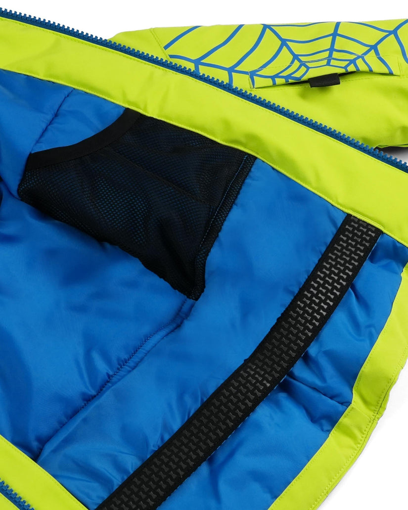 Close-up of a blue and green jacket with a zipper