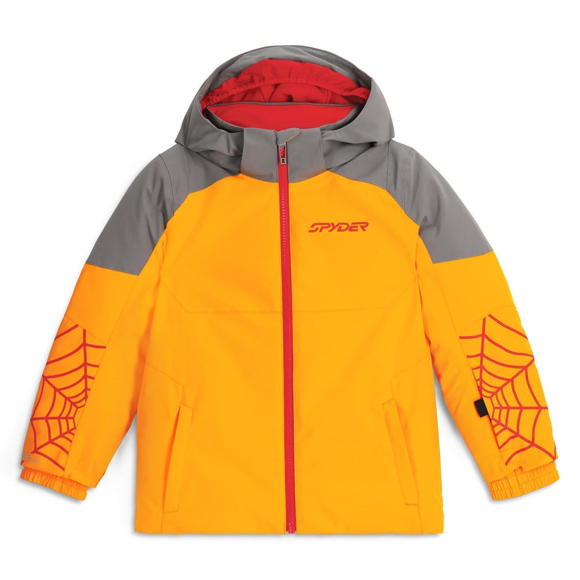 Orange and gray jacket with spider web designs on sleeves against a white background