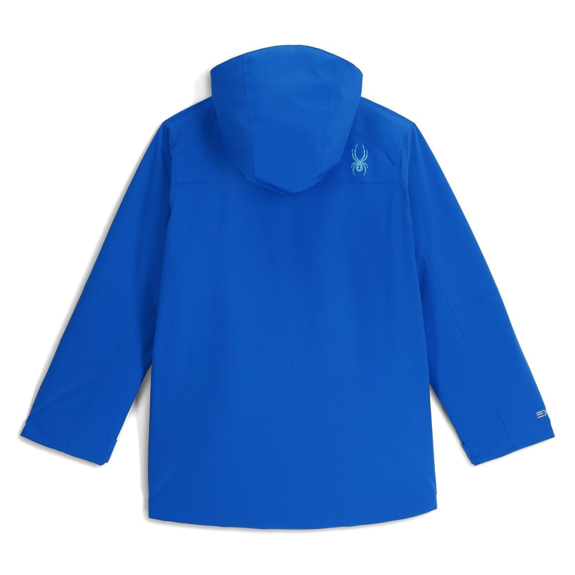 Blue raincoat with a brand logo on the back against a white background