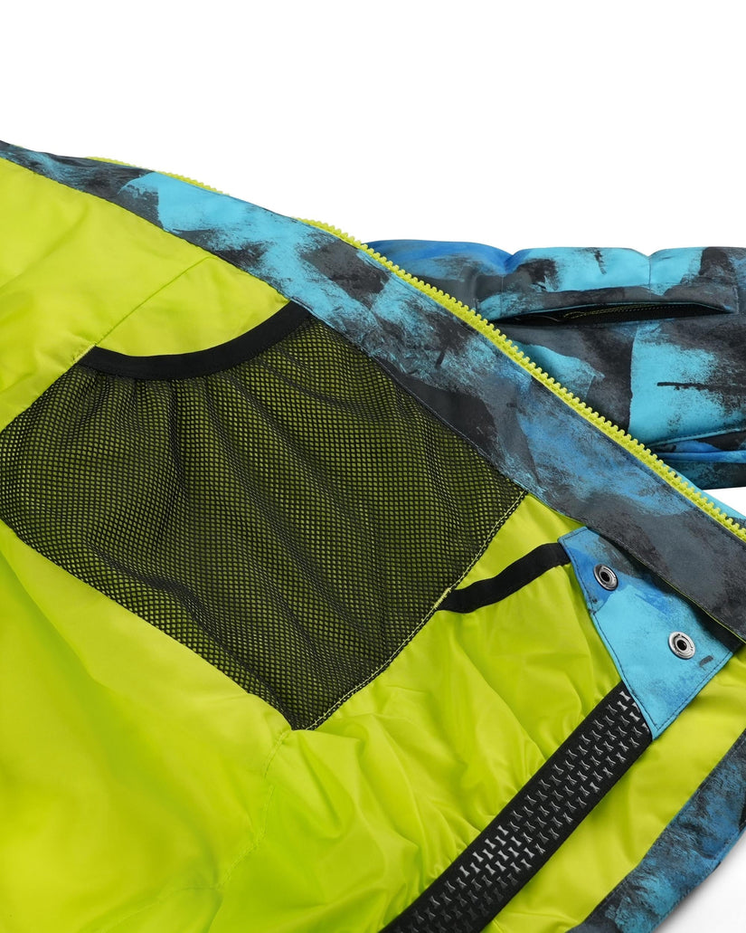 Close-up of a colorful jacket with a zipper and mesh pocket on a white background