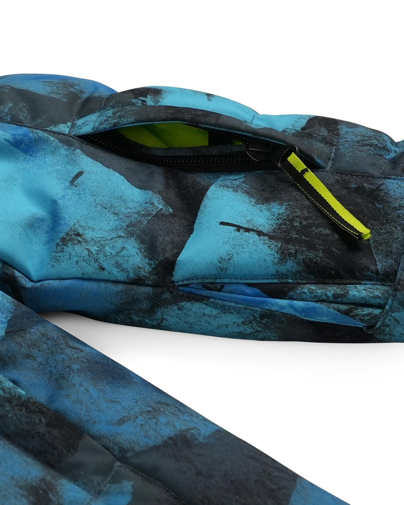 Blue and black camouflage-patterned bag with a yellow zipper on a white background