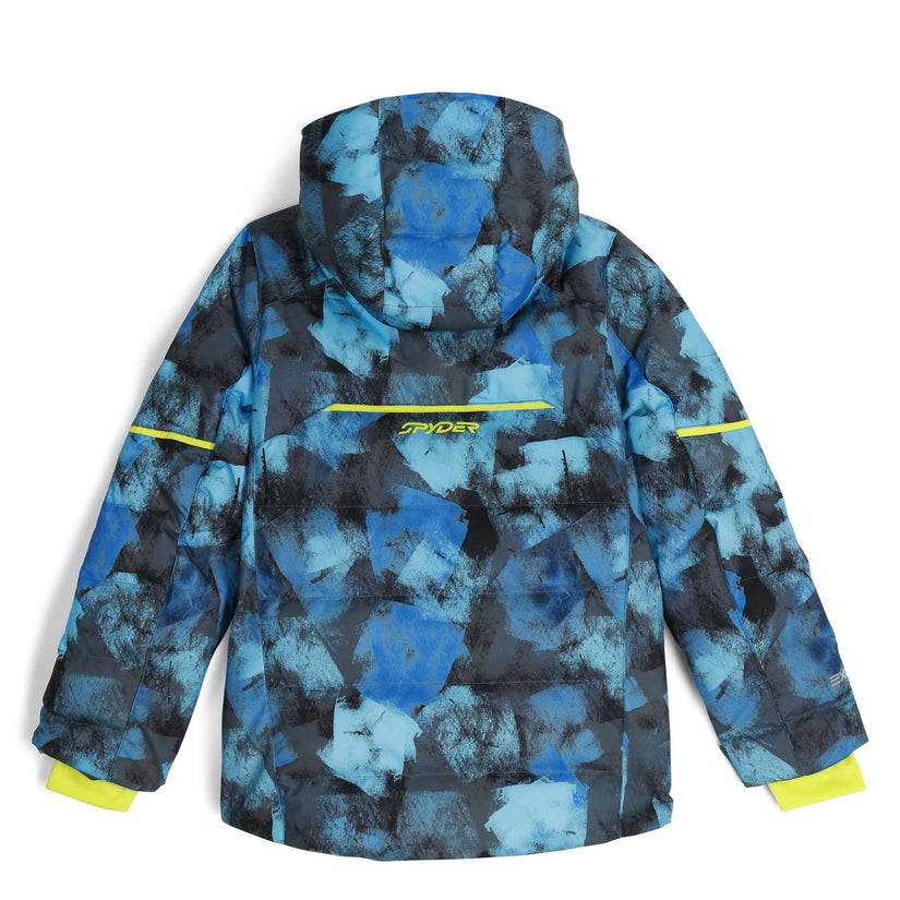 Blue and black patterned jacket with yellow accents on a white background