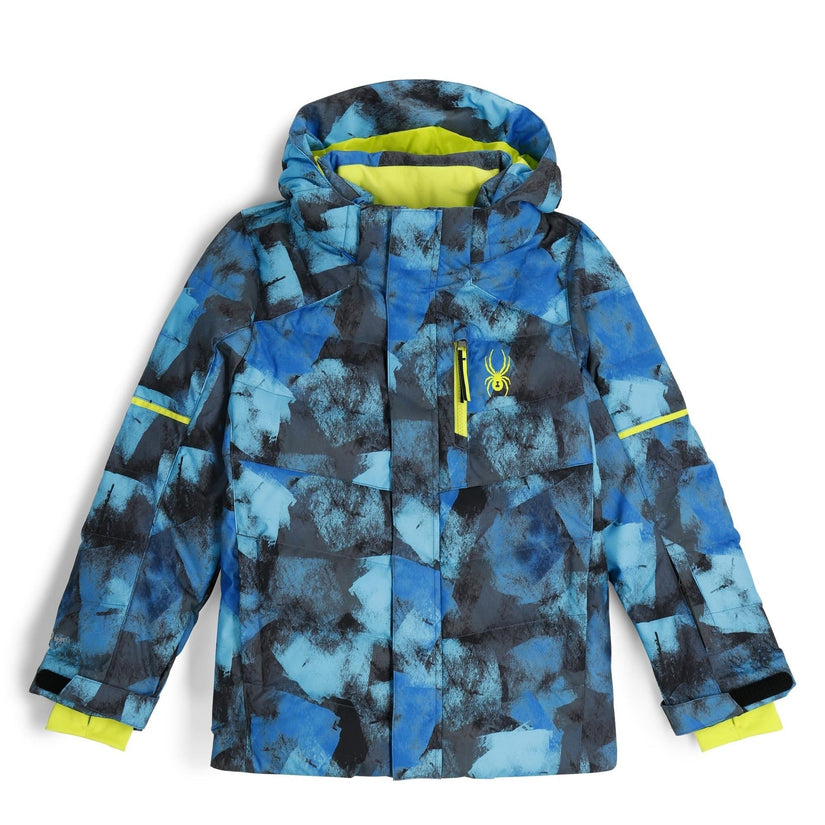 Blue and black patterned jacket with yellow accents on a white background