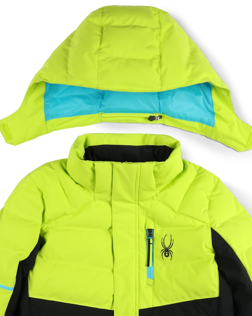 Yellow jacket with blue lining and black spider logo on a white background