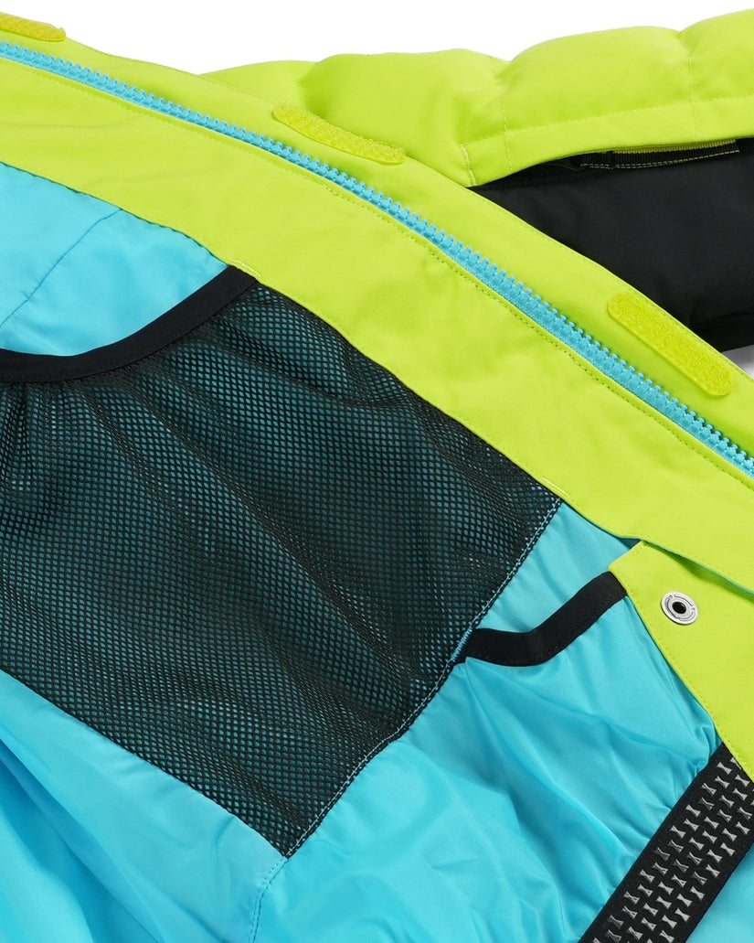 Close-up of a green and blue bag with a mesh pocket.