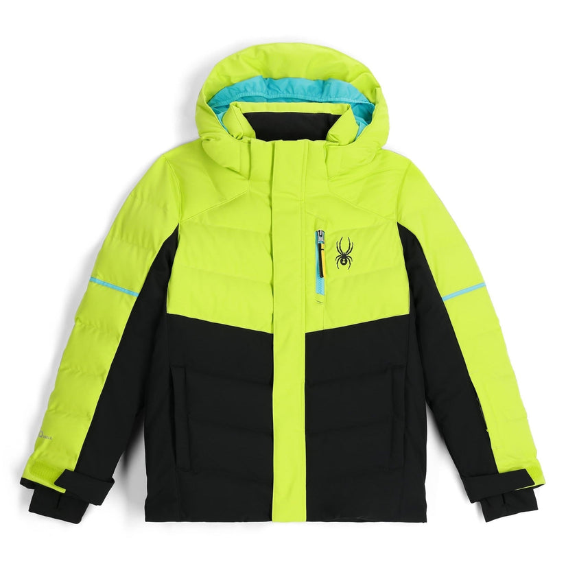 Two-tone lime green and black jacket with a brand logo on a white background
