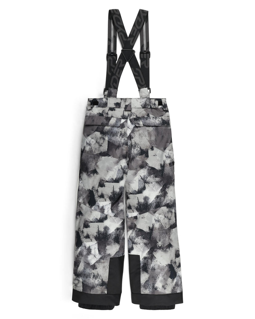 Camouflage-patterned snow pants with suspenders on a white background