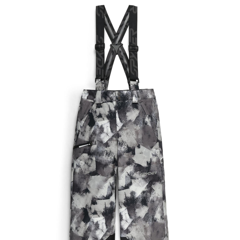 Camouflage-patterned bib overalls with suspenders on a white background