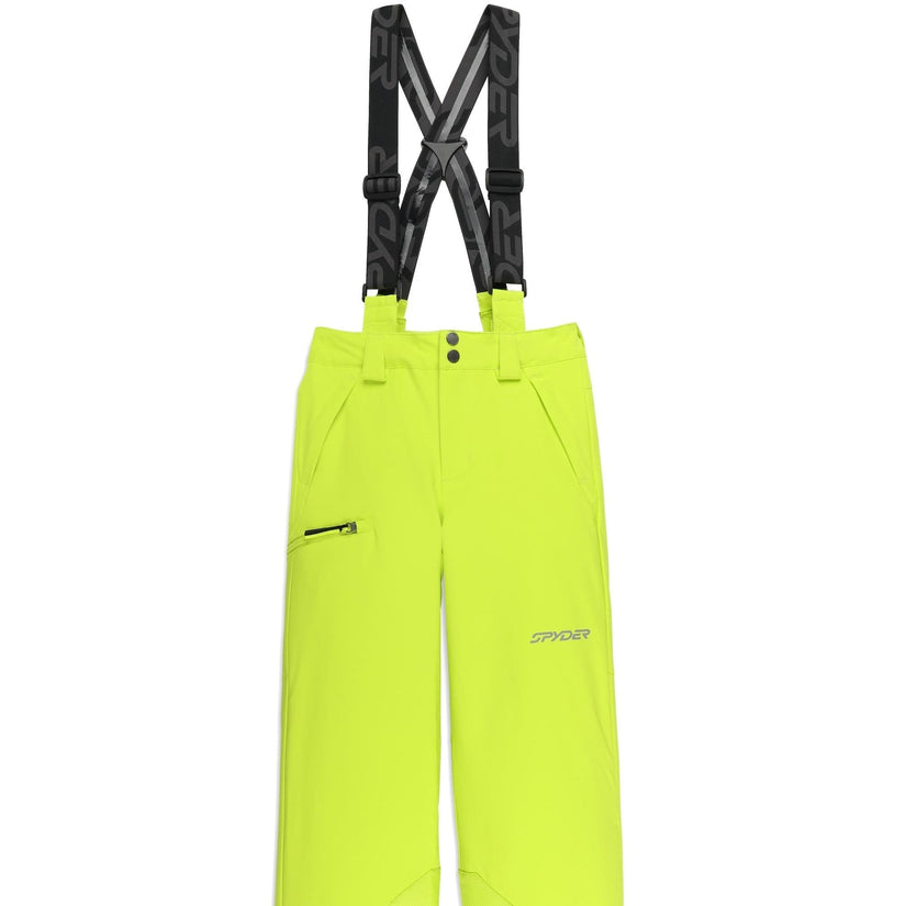 Yellow ski pants with black suspenders on a white background