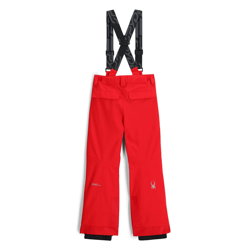 Red ski pants with adjustable suspenders and zippered hand pockets.