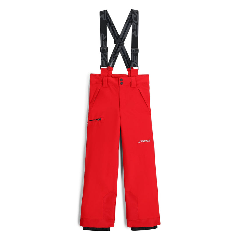 Red ski pants with adjustable suspenders and zippered hand pockets.
