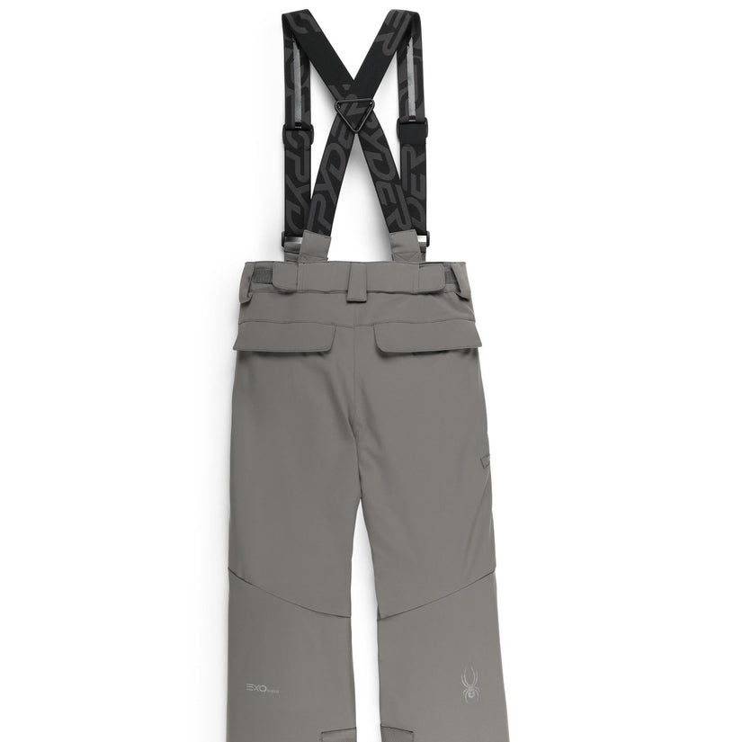 Gray pants with black suspenders on a white background
