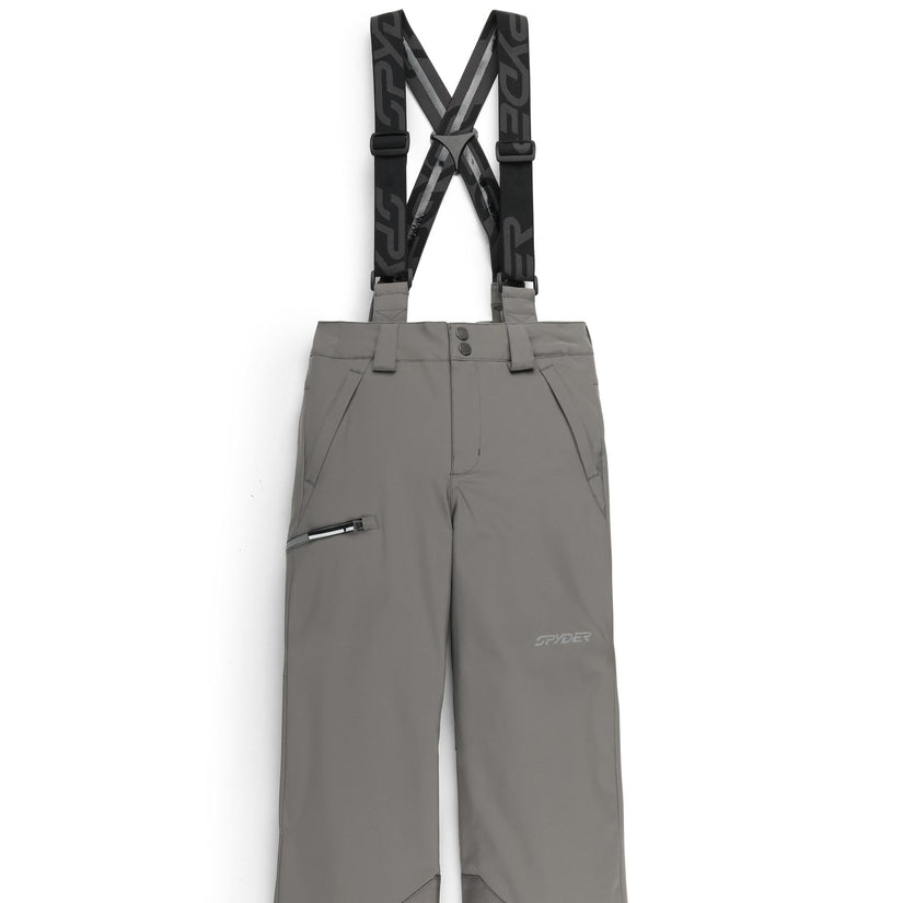 Gray snow pants with black suspenders on a white background