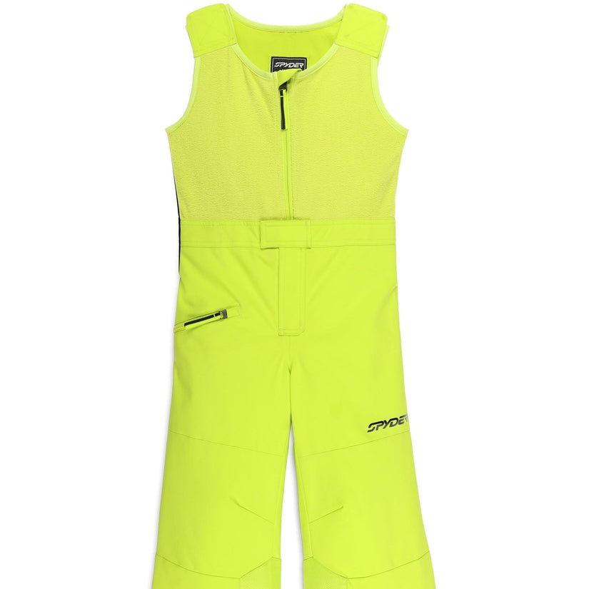 Bright yellow snow pants with a brand logo on a white background