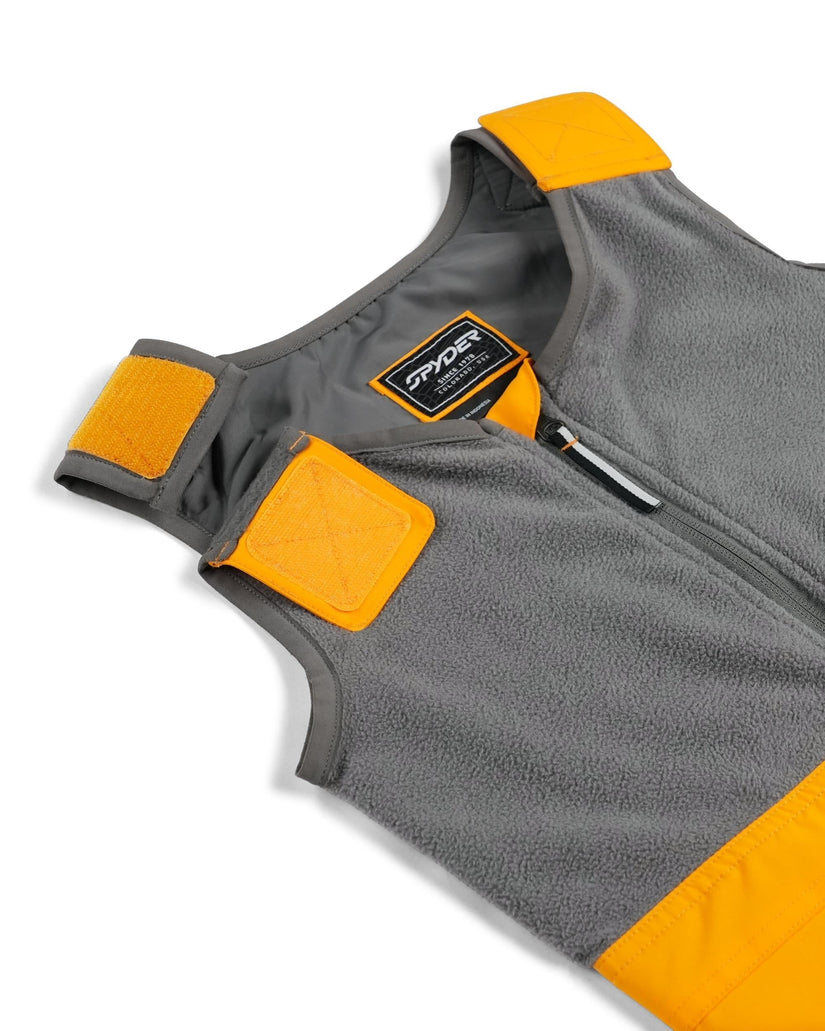 Gray and yellow vest with Spyder logo on a white background