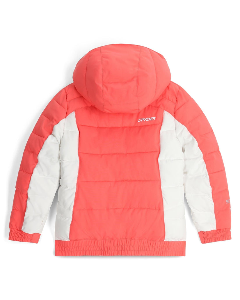 Red and white puffer jacket with a hood on a white background