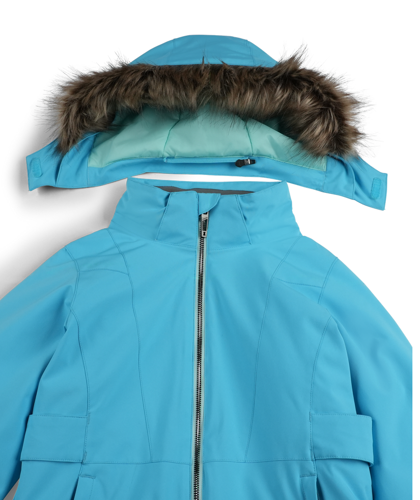 Blue jacket with fur-lined hood on a white background