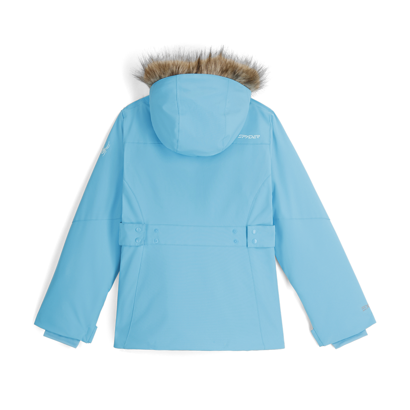 Light blue winter jacket with fur-lined hood on a white background