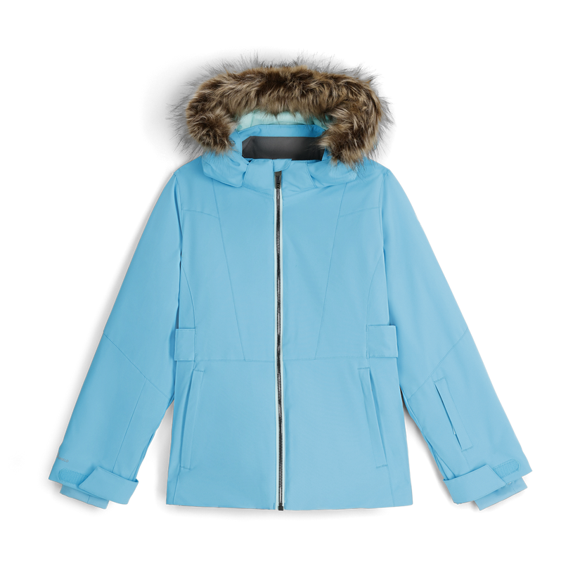 Blue winter jacket with fur hood on a white background