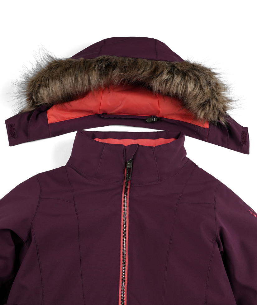 Purple jacket with fur-lined hood on a white background