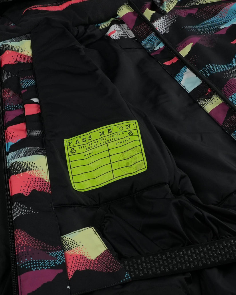 Close-up of a jacket with a colorful pattern and a visible brand label.