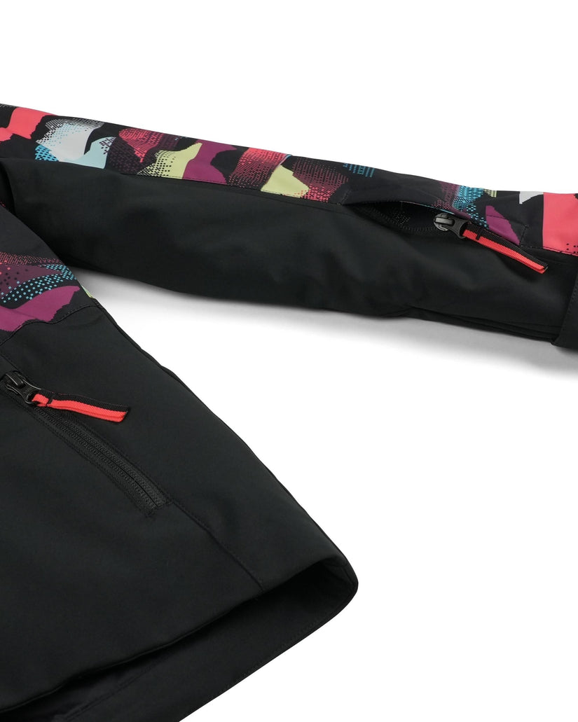 Black jacket with colorful patterned lining on a white background