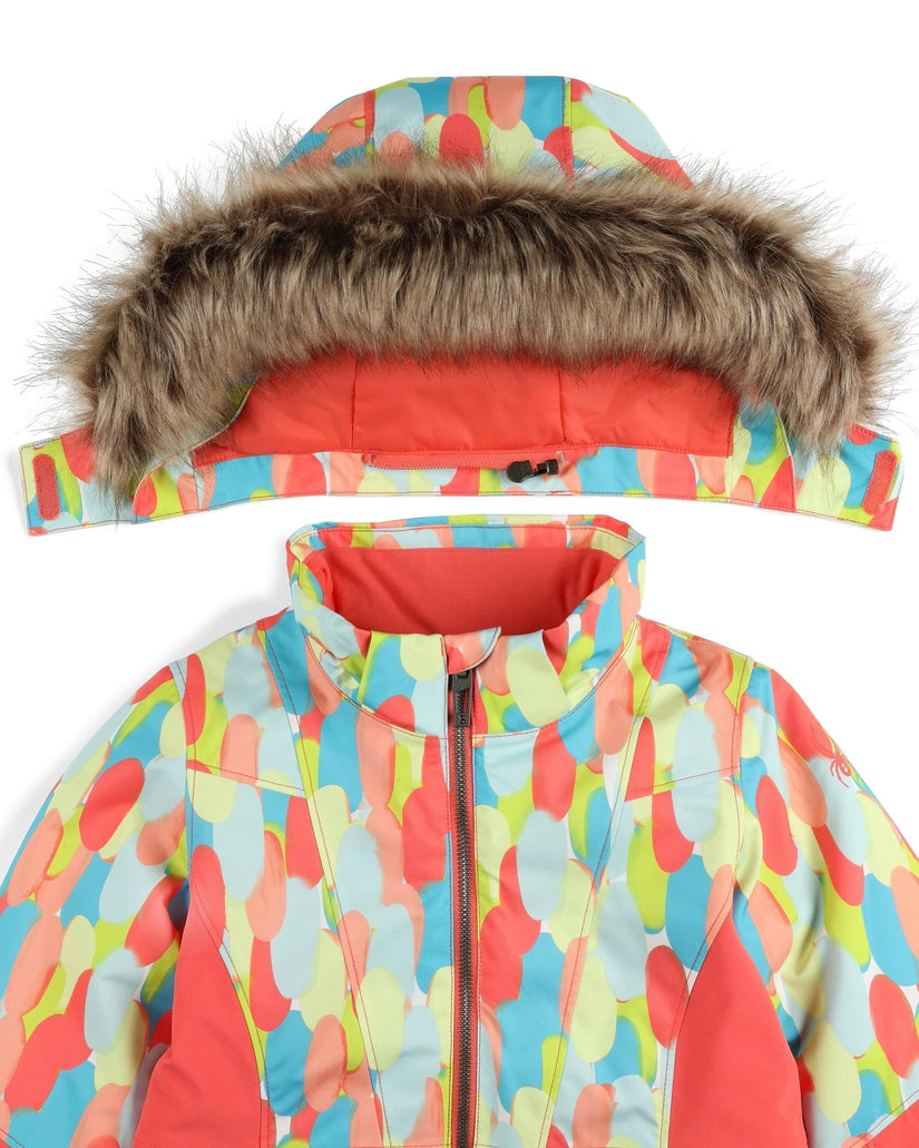 Colorful children's jacket with a fur-lined hood on a white background