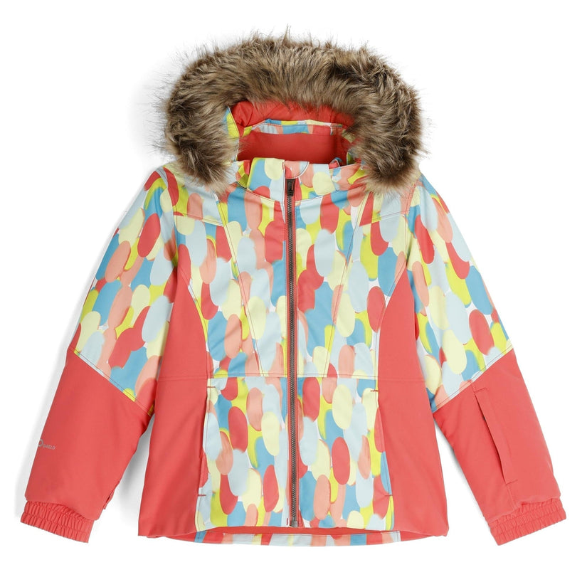 Colorful jacket with a patterned design and fur-lined hood on a white background