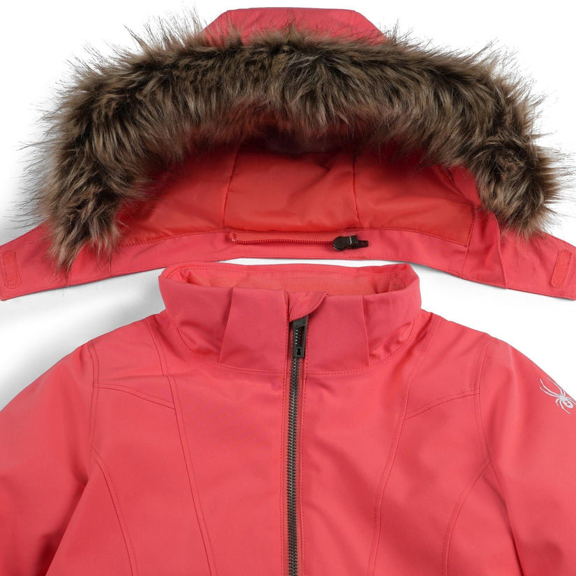 Red jacket with fur-lined hood on a white background