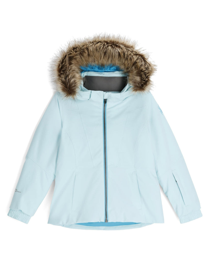 Light blue winter jacket with fur hood on a white background