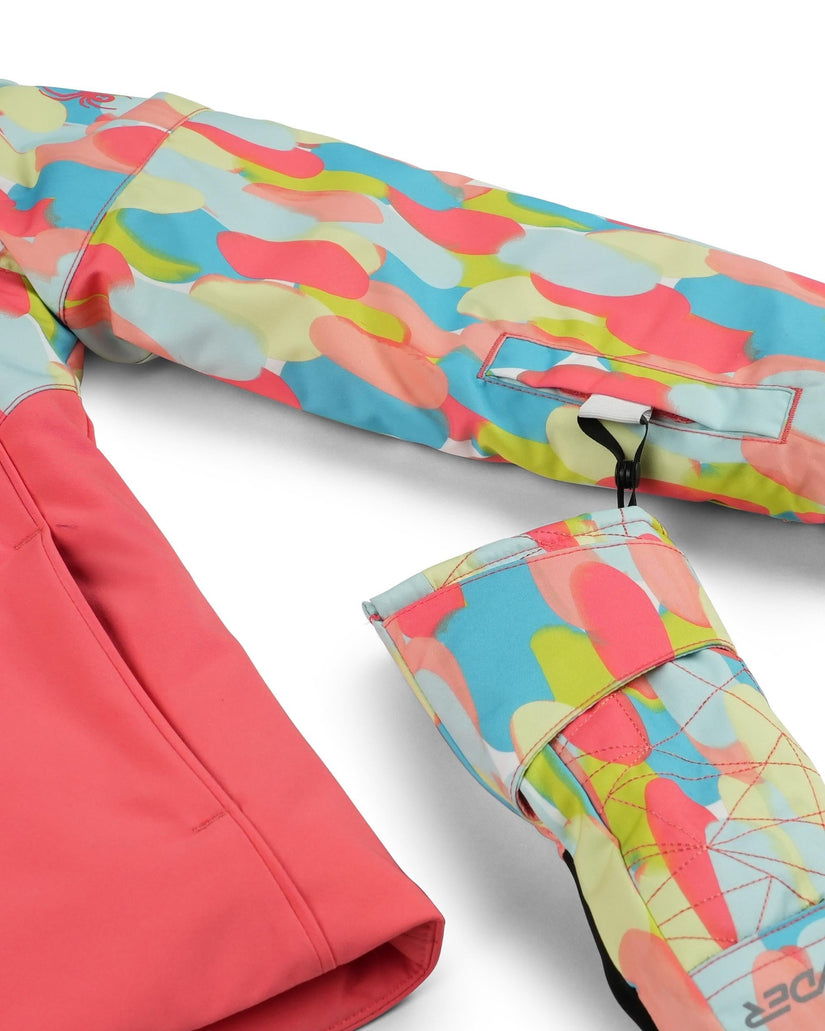 Colorful patterned jacket with pink accents on a white background