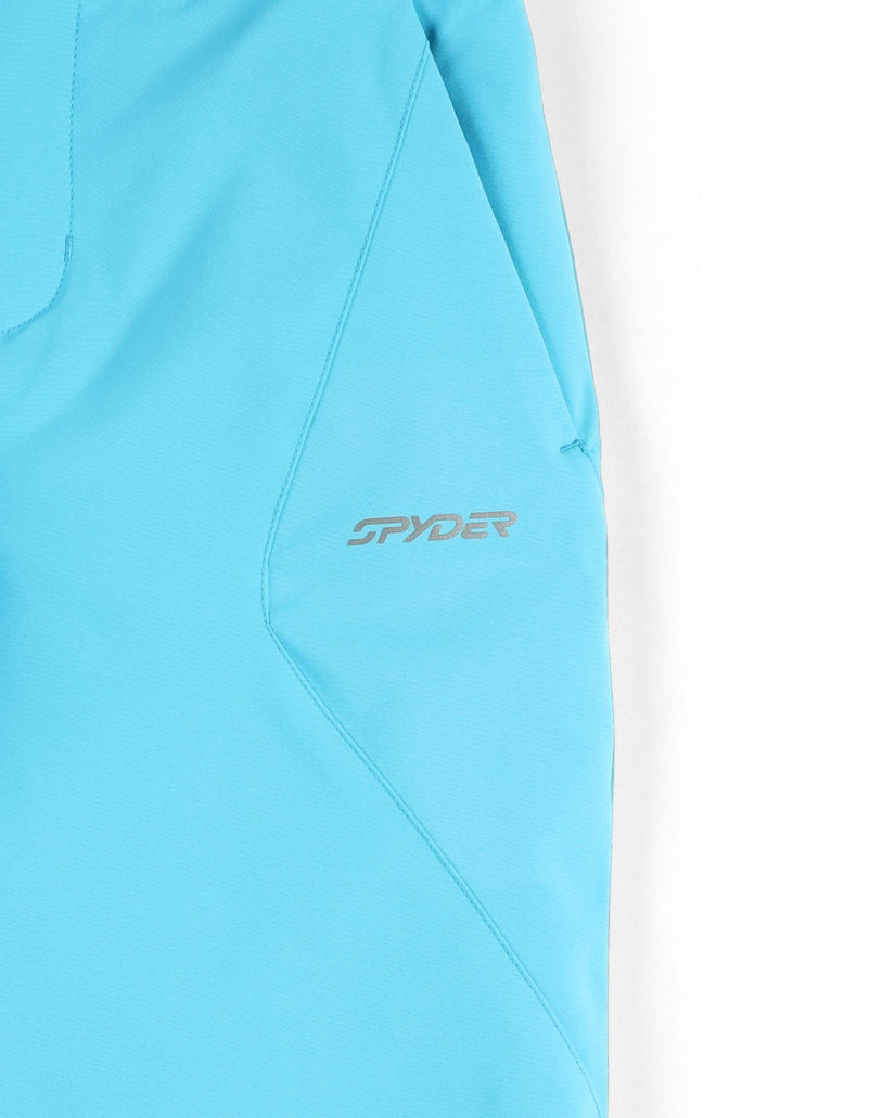 Close-up of a blue and white garment with Spyder logo