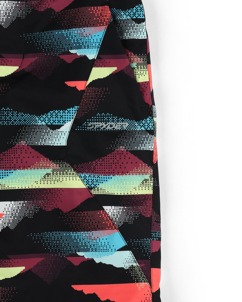 Colorful geometric patterned fabric with a brand logo on a white background