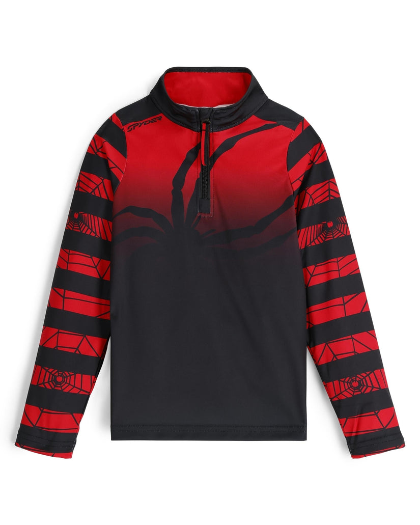 Red and black long-sleeve shirt with geometric pattern on a white background