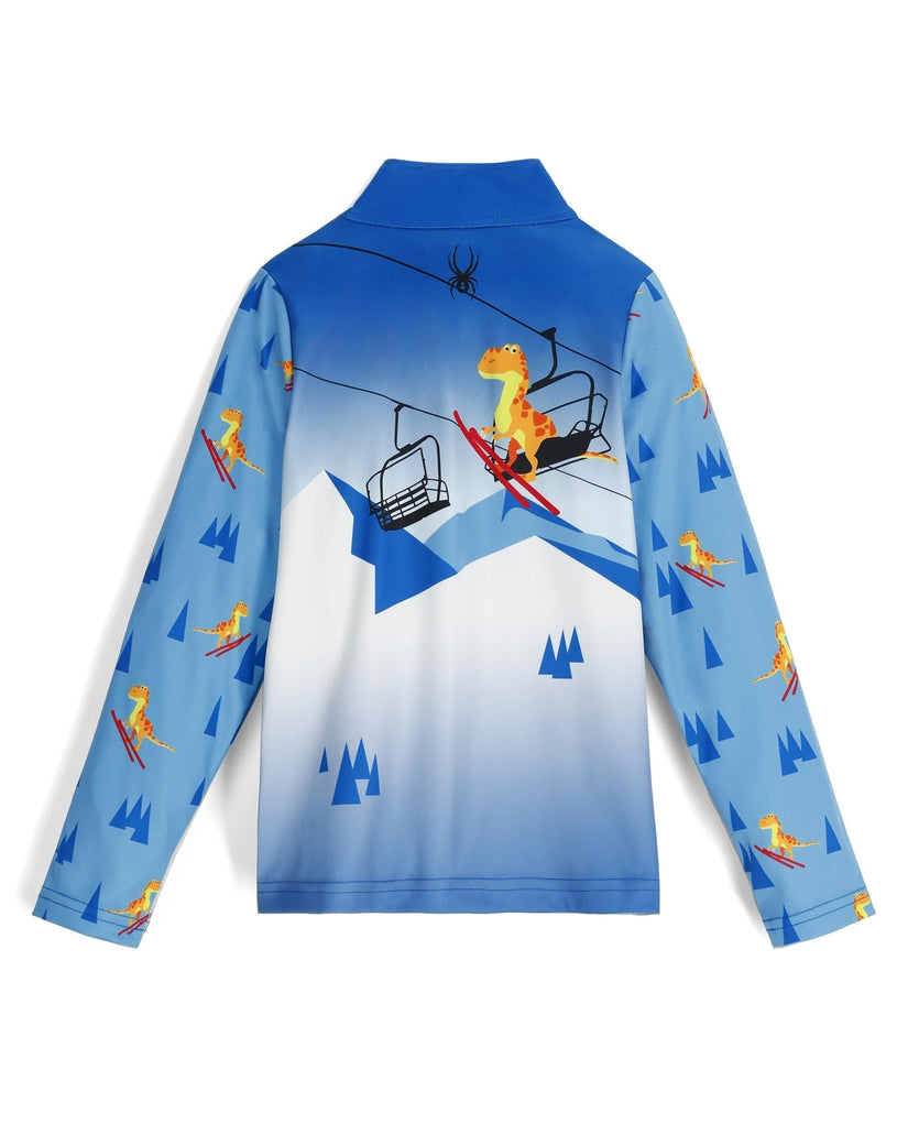 Children's blue long-sleeve shirt with mountain and skier design on a white background