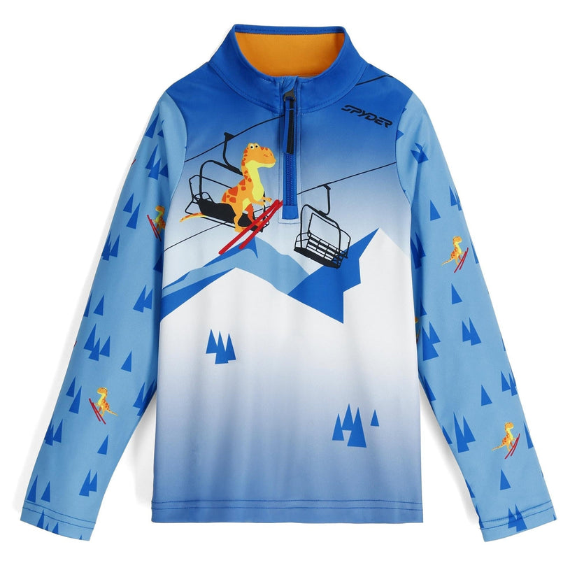 Children's half zip with a dinosaur design on a blue background